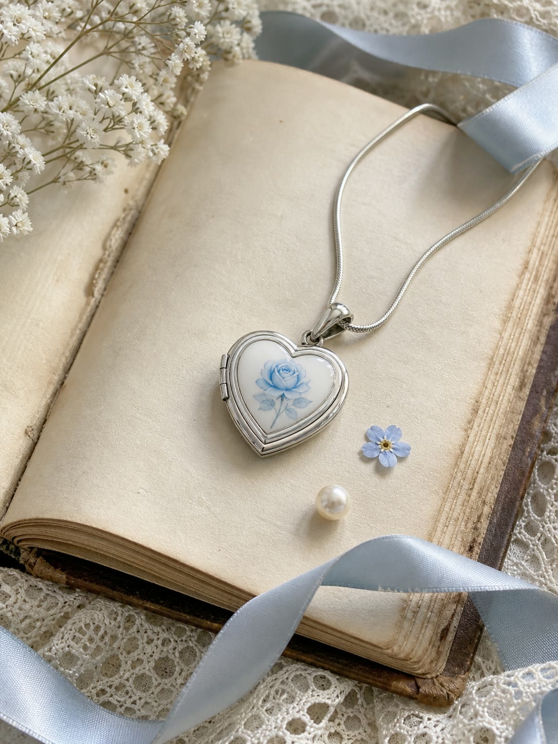 Silver floral heart locket resting on an open vintage book