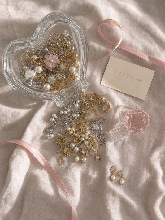 Dream Heart Jar jewelry unboxing on blush satin