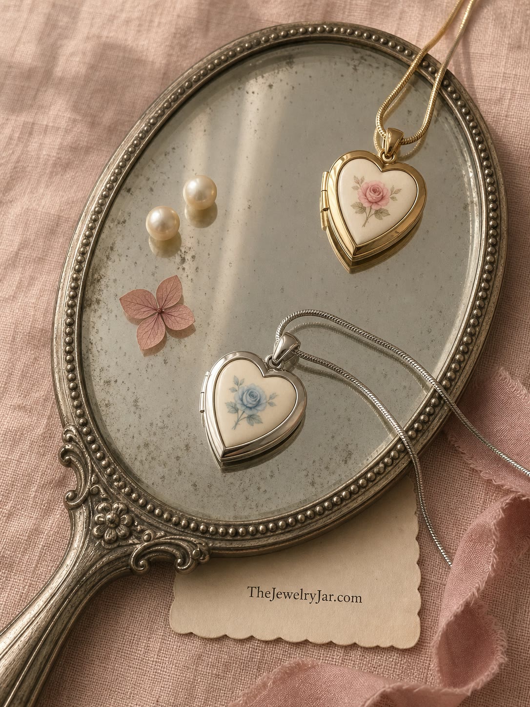 Gold and silver floral heart lockets on an antique hand mirror