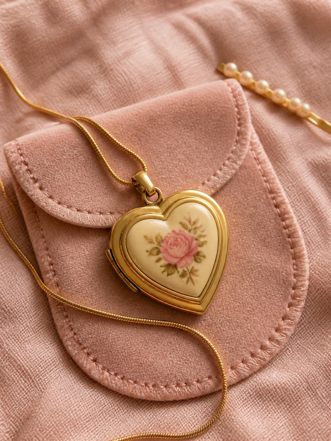 Gold floral heart locket on a blush velvet pouch