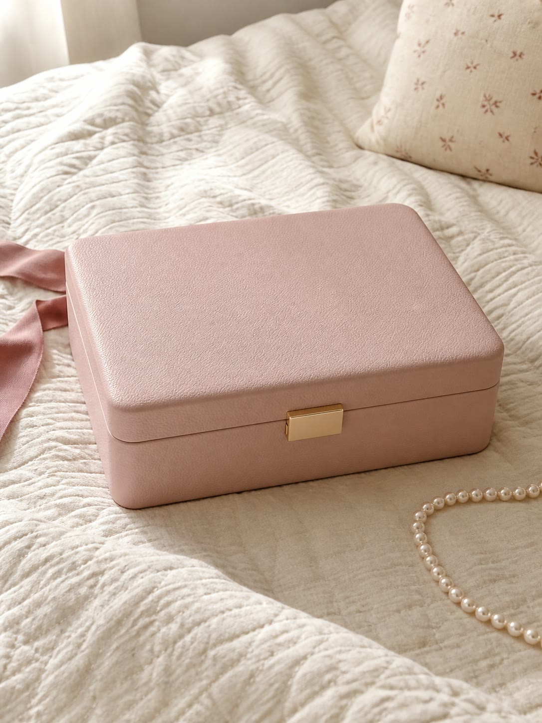 Closed pink velvet jewellery box on a cream bedspread