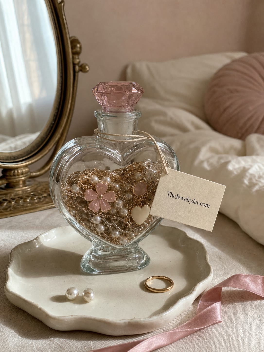 Little Heart Jar filled with jewellery on cream silk