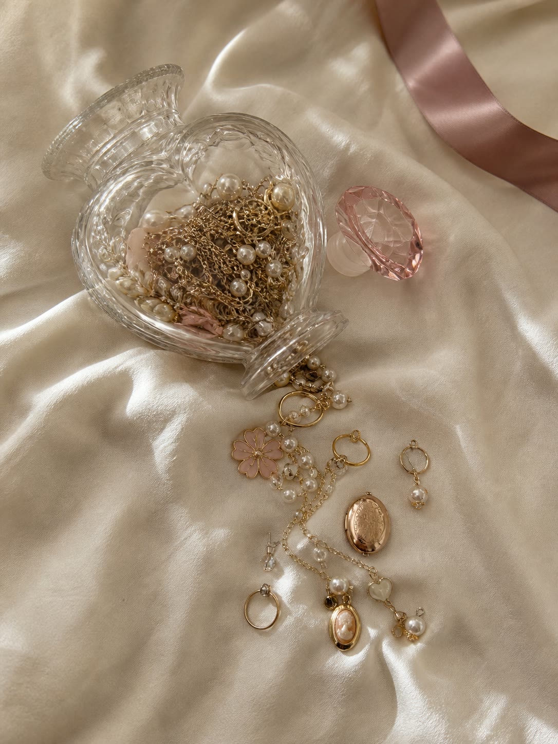 Heart shaped glass jar of jewellery on a vanity mirror tray