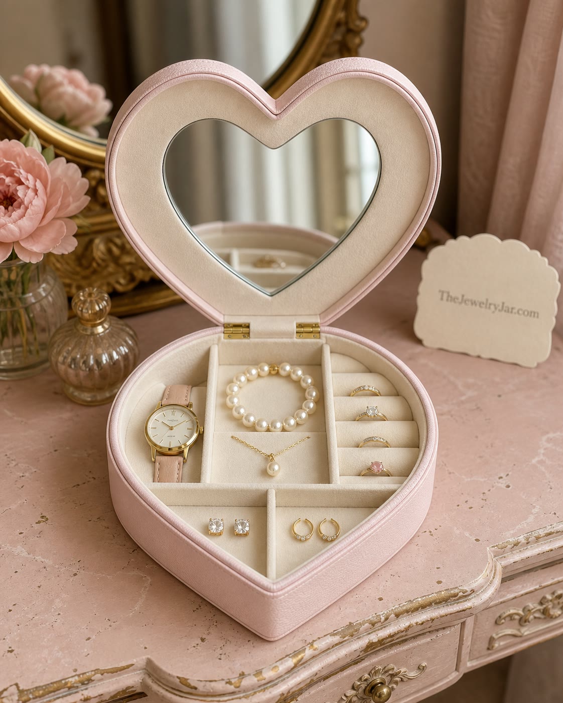 Small heart jewellery box open on a pink vanity with a mirror lid