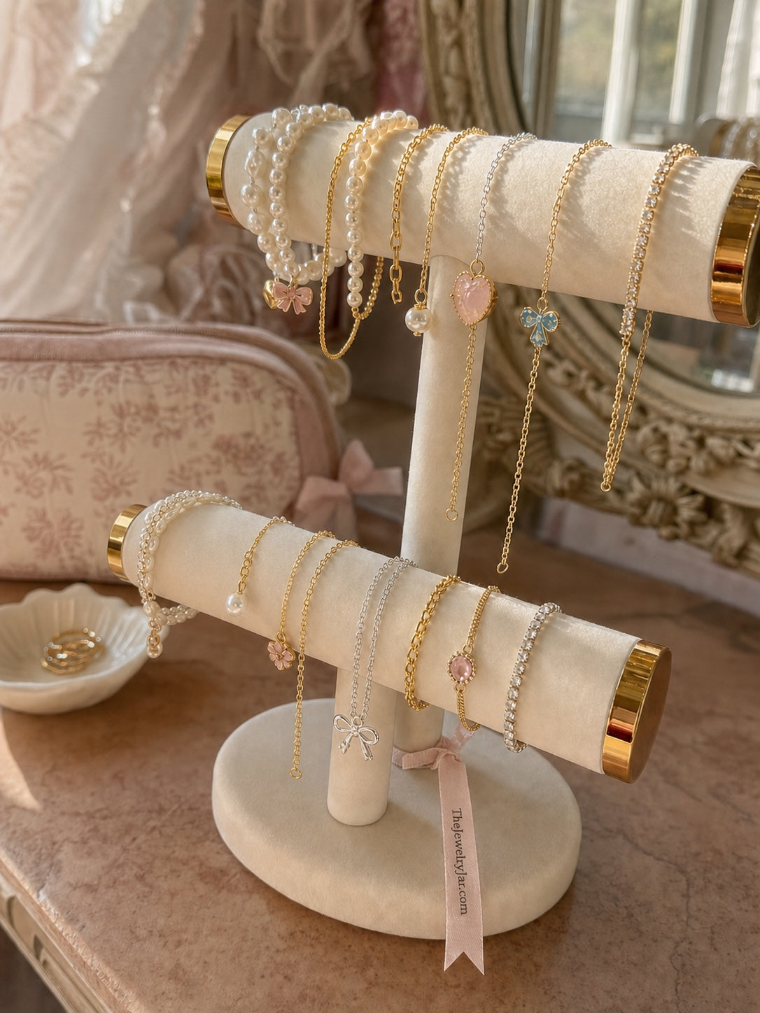 The Jewelry Jar cream jewelry stand detail