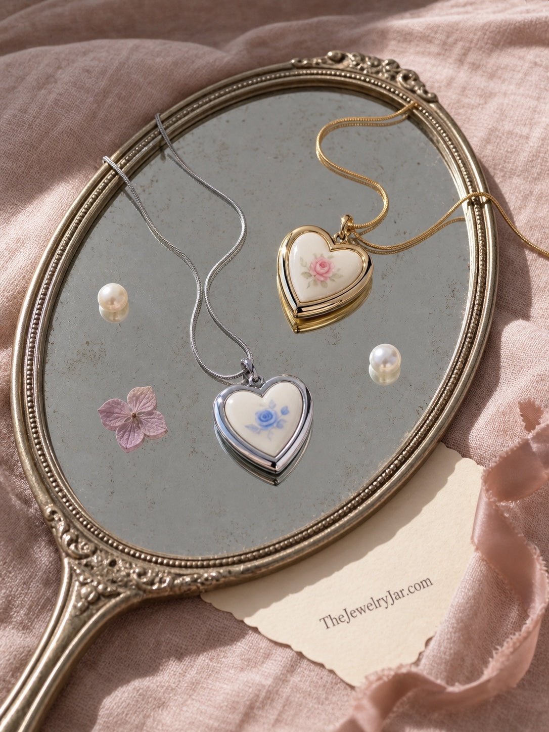 Gold and silver vintage-inspired floral heart lockets