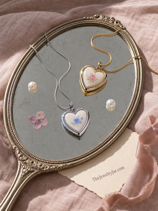 Gold and silver vintage-inspired floral heart lockets