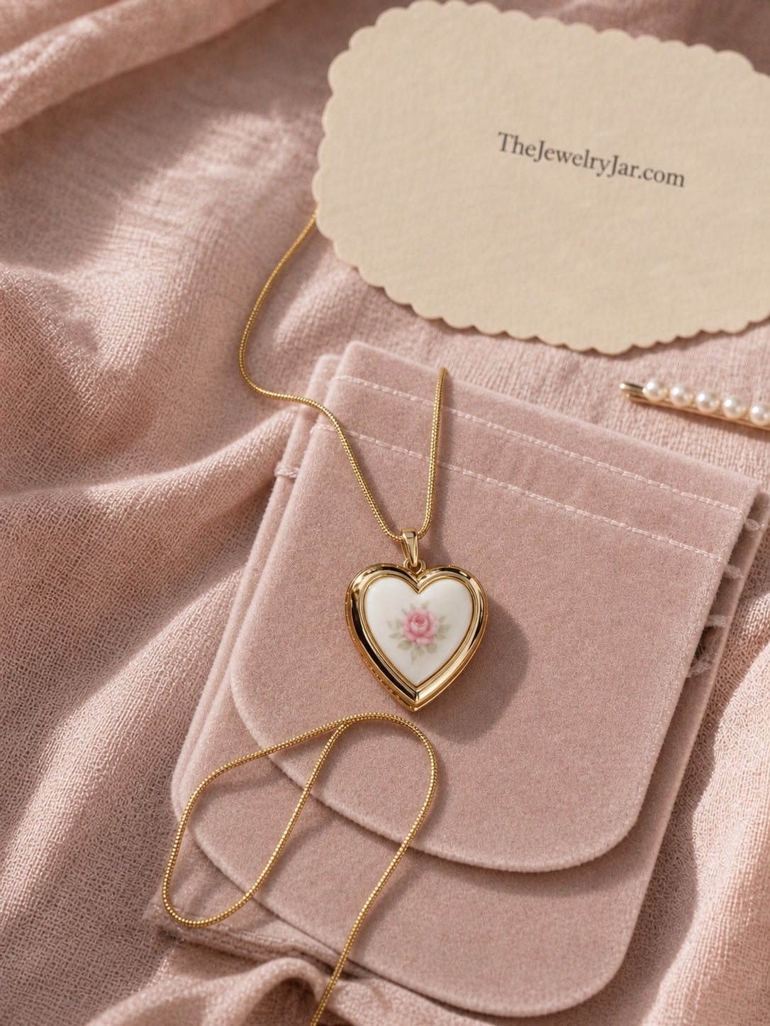 Gold pink rose floral heart locket detail