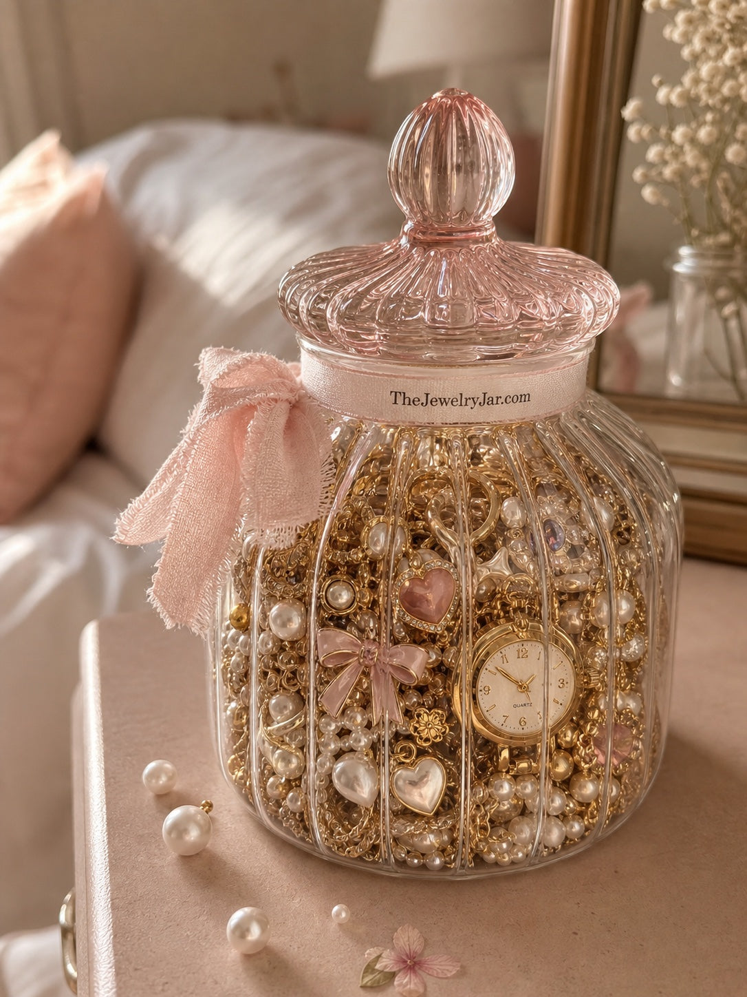 Gold and pearl mystery jewelry jar detail
