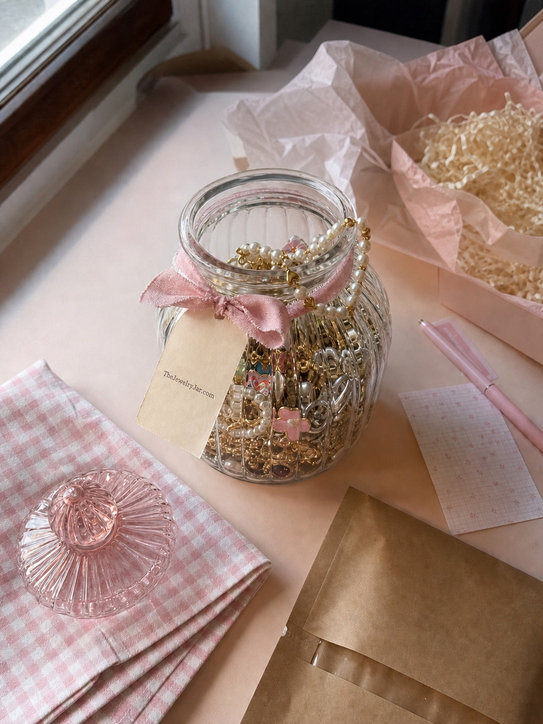 Personalized mystery jewelry jar beside pink packing supplies