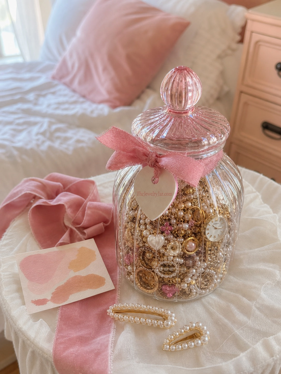 Coquette pink and gold mystery jewelry jar