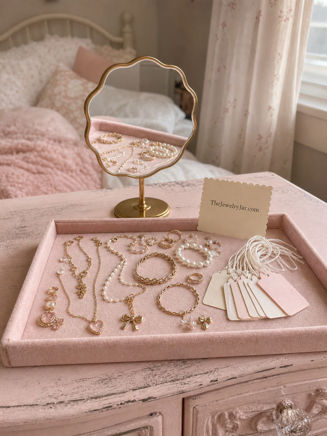 The Styling Set laid out on a nightstand with jewellery from a jar, mirror and tags