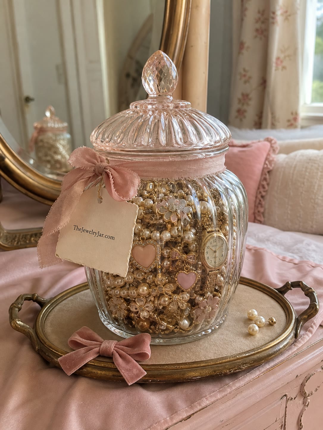 Mystery Vibe Jar filled with vintage jewellery on a pink vanity