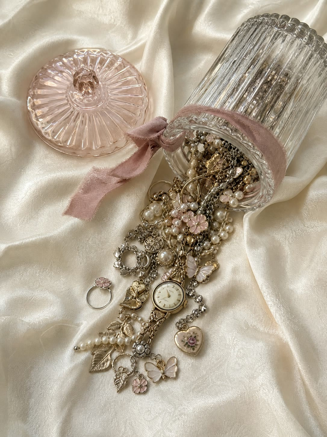 Jewellery spilling out of an open mystery jar onto cream silk