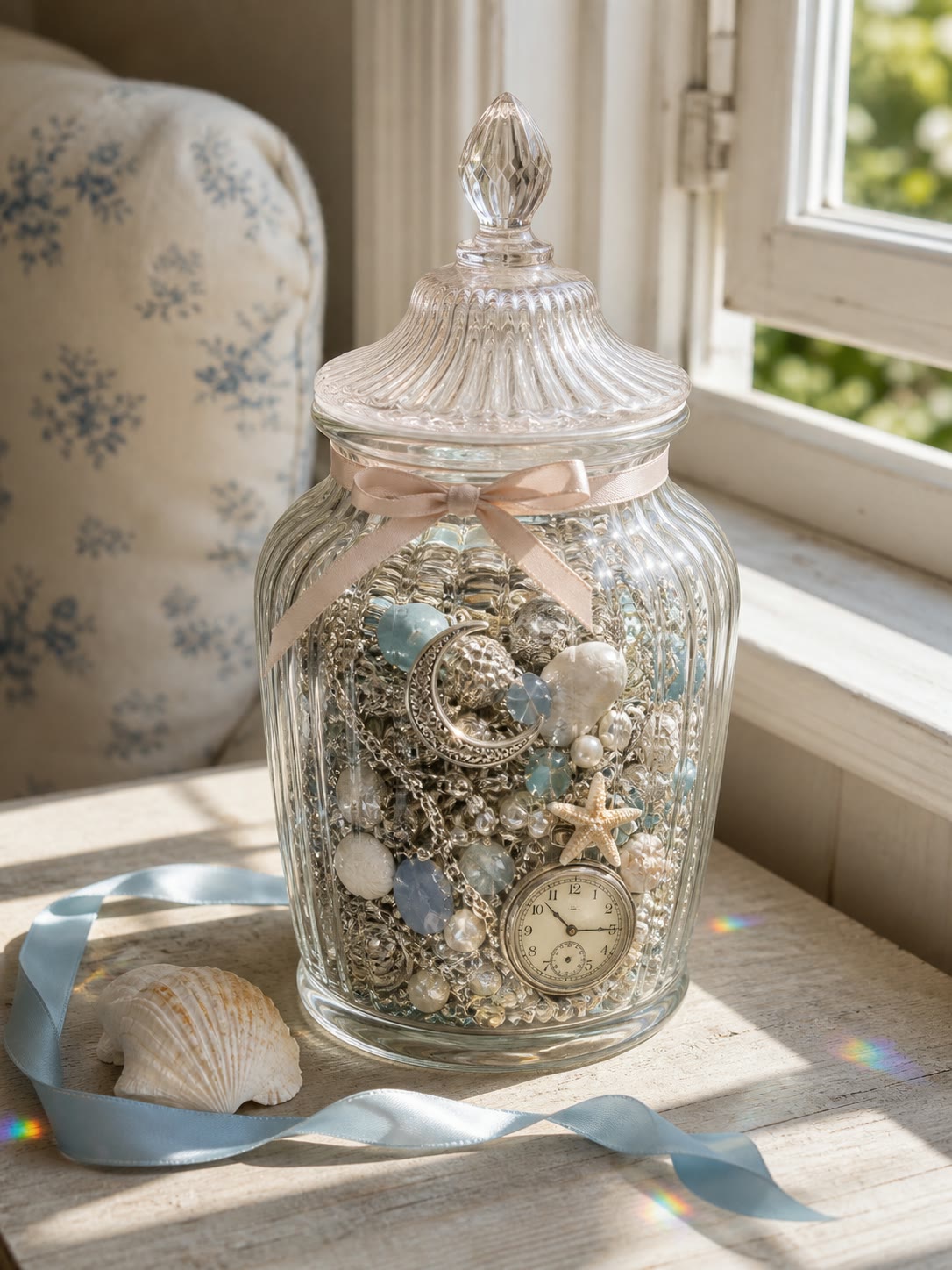 Mystery jar by a sunny window with blue ribbon and shells
