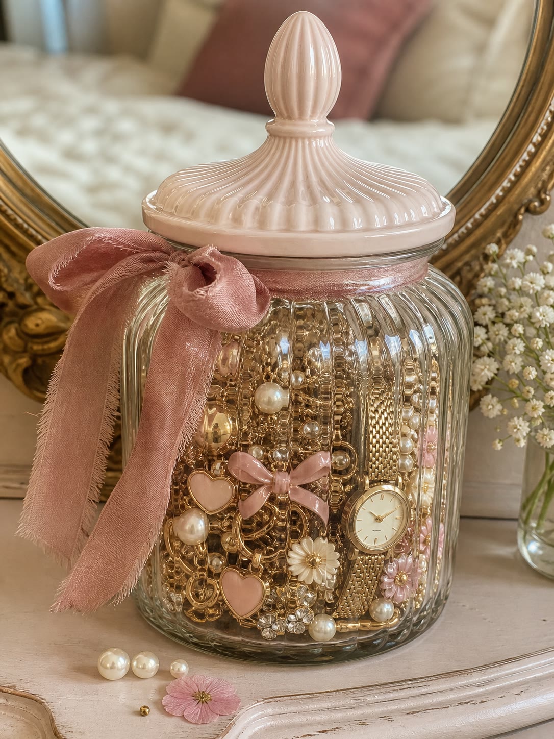 Pink lidded jar of gold jewellery tied with a dusty rose bow