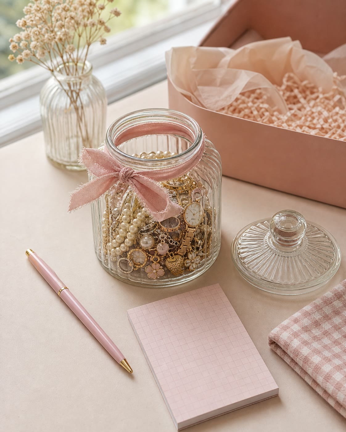 Mystery jar on a desk with a pink notebook and pen