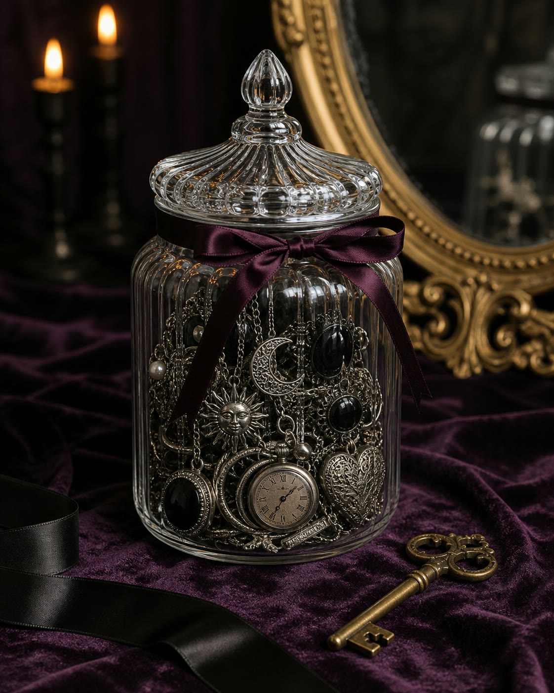 Dark academia mystery jar on plum velvet with an antique key