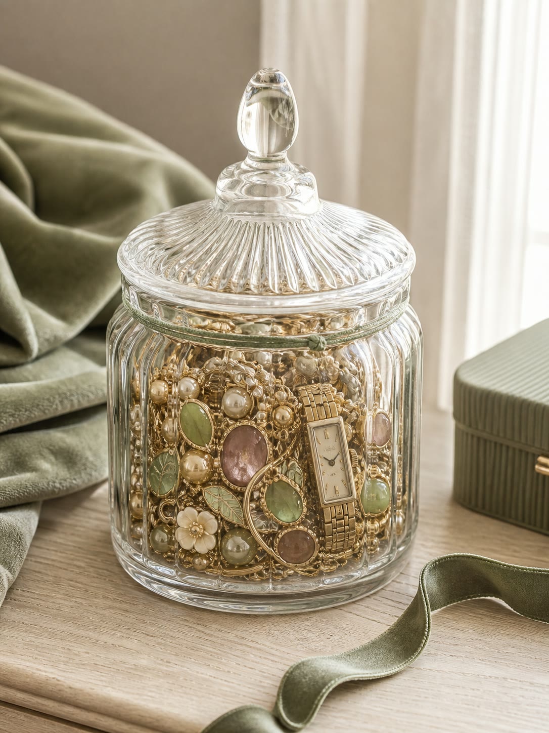 Mystery jar of pastel jewellery beside sage green fabric