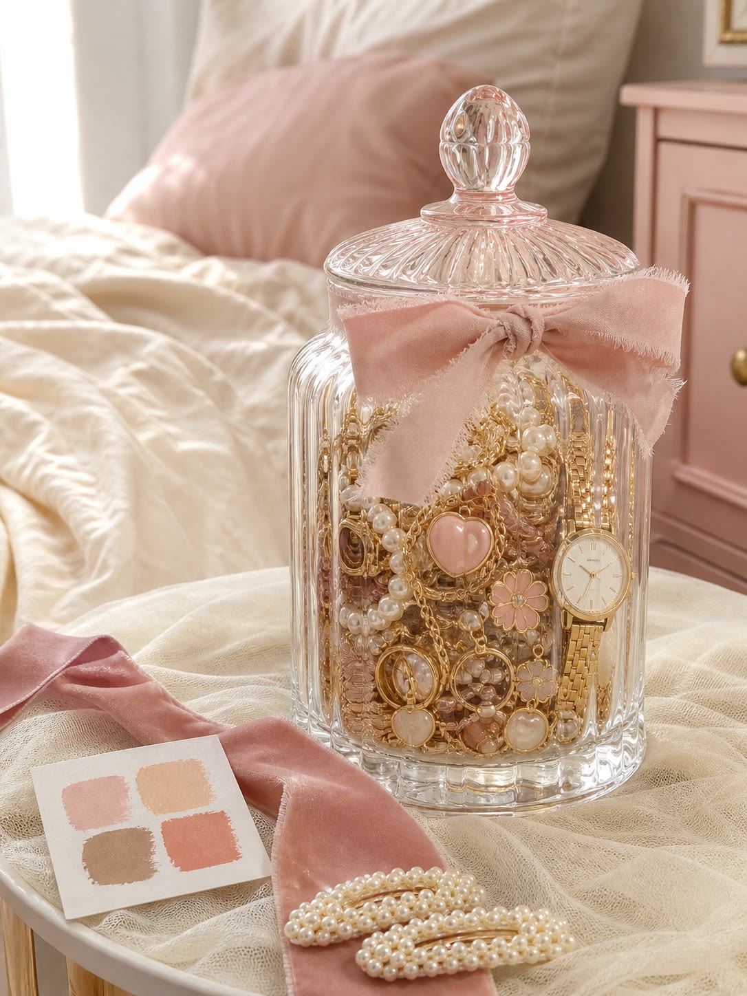 Mystery jar on a bed with pearl hair clips and blush ribbon