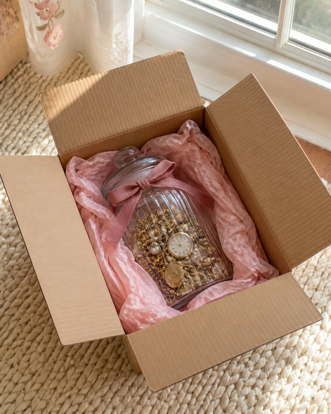 Mystery jar packed in a shipping box with pink tissue paper